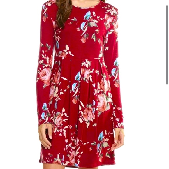 Floral Long Sleeve Pleated Round Neck Midi Dress L - Picture 1 of 7